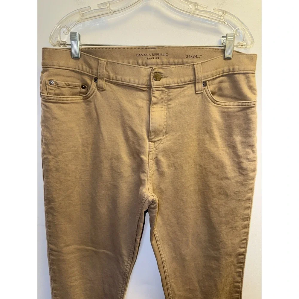 Banana Republic Chino Pants Mens Traveler Slim Fit 34X33 Tan Stretch 5 Pocket